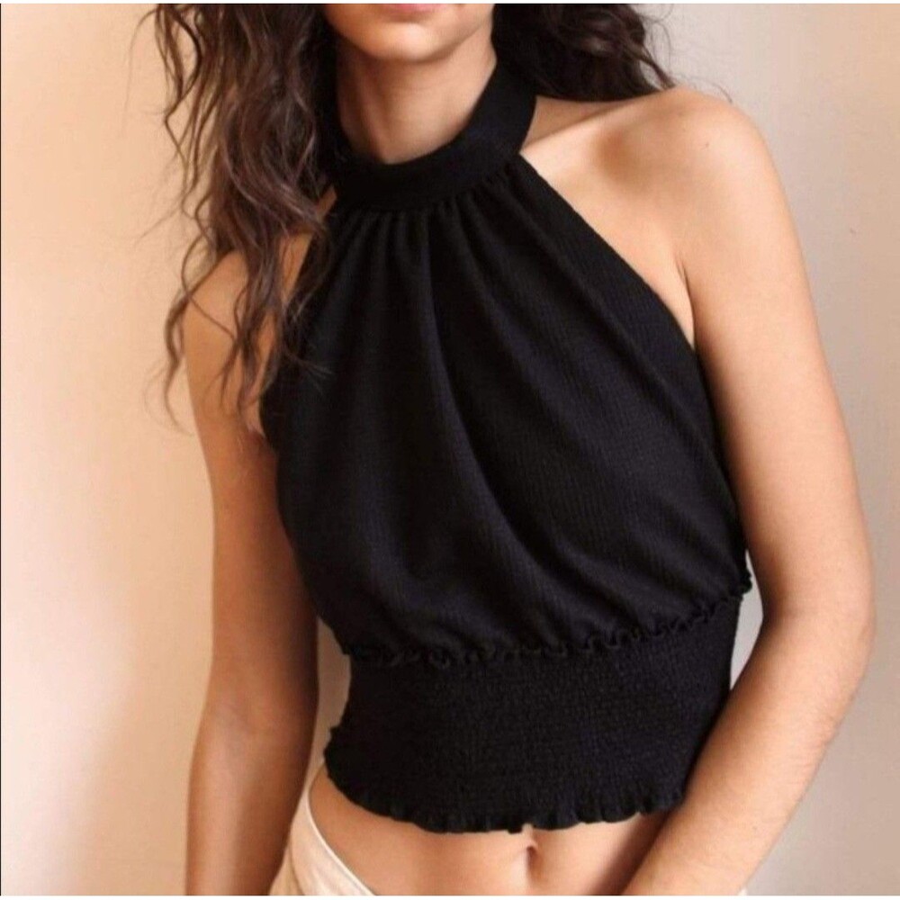 Free People Black Smocked Halter Top Size XLarge Tie Neck Stretch Boho Festival
